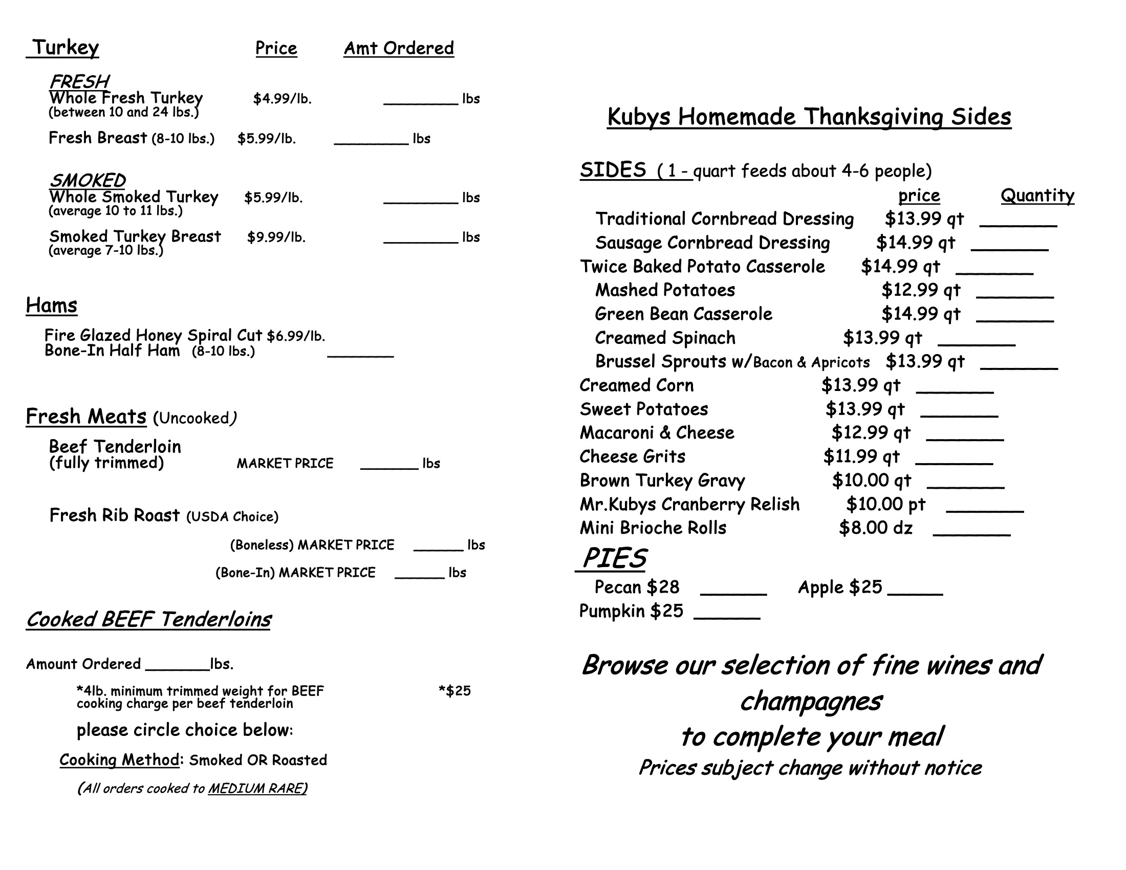 Kubys Thanksgiving Menu 2023 - page 1