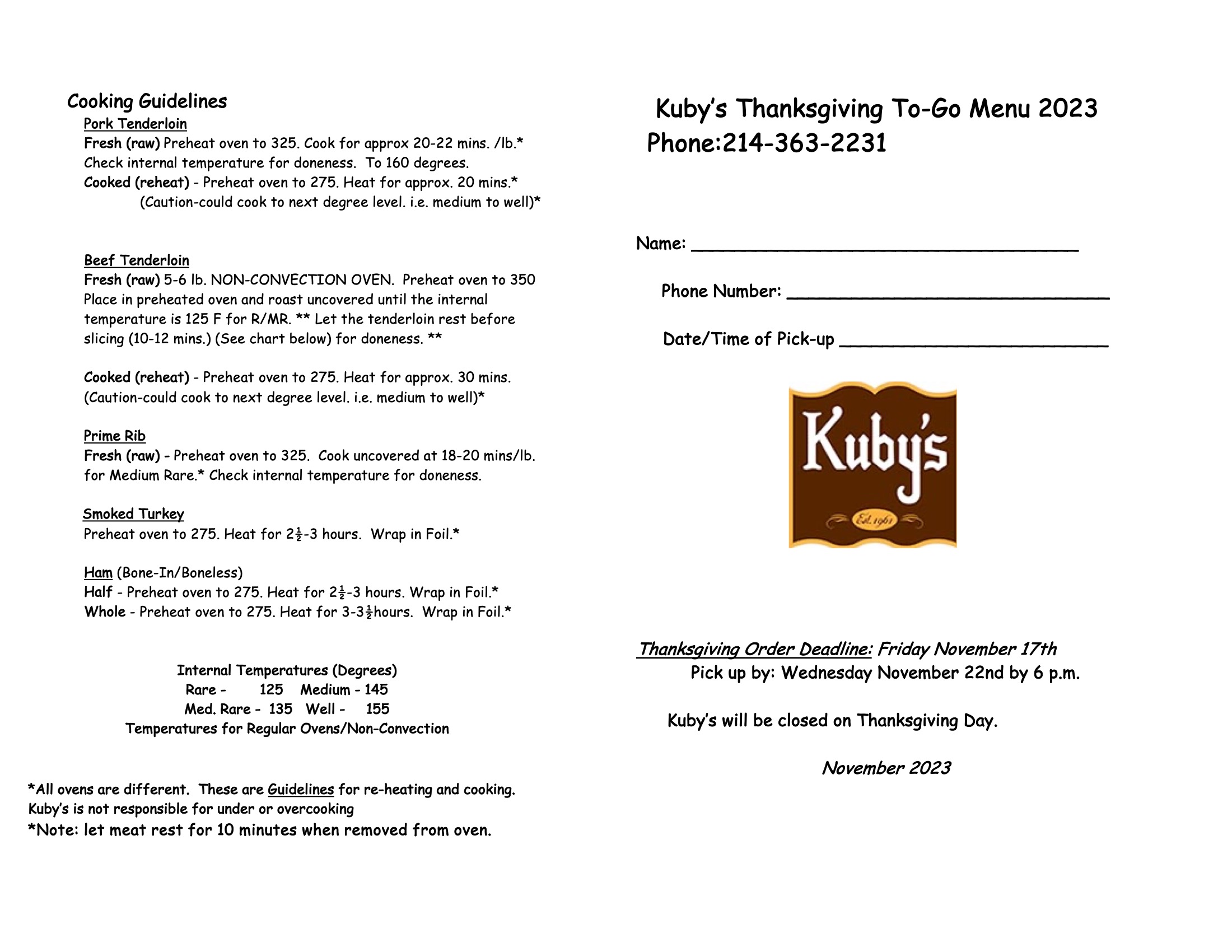 Kubys Thanksgiving Menu 2023 - page 2